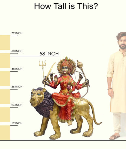 Brassaura® Brass Goddess Durga on Lion Statue | Height 58 Inches