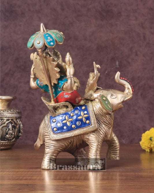 Brassaura® Handcrafted Brass Ganesha on Ambari with Meenakari Stonework – Height 9.5 Inches