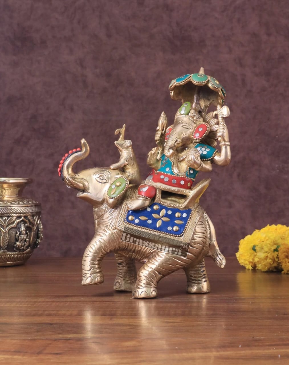 Handcrafted Brass Ganesha on Ambari with Meenakari Stonework – Height 9.5 Inches, Weight 3 Kgs