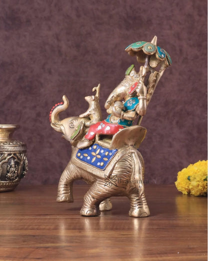 Handcrafted Brass Ganesha on Ambari with Meenakari Stonework – Height 9.5 Inches, Weight 3 Kgs