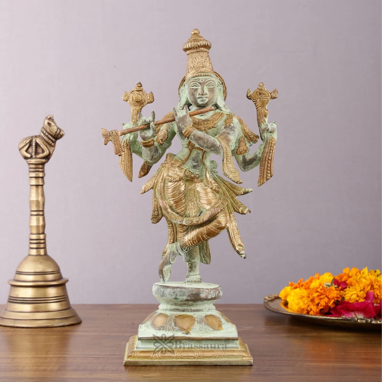 BrassAura™ Brass Krishna Roopam Vishnu Sculpture – Sand Blast Finish | Height 12 Inch | Weight 3.9 Kg