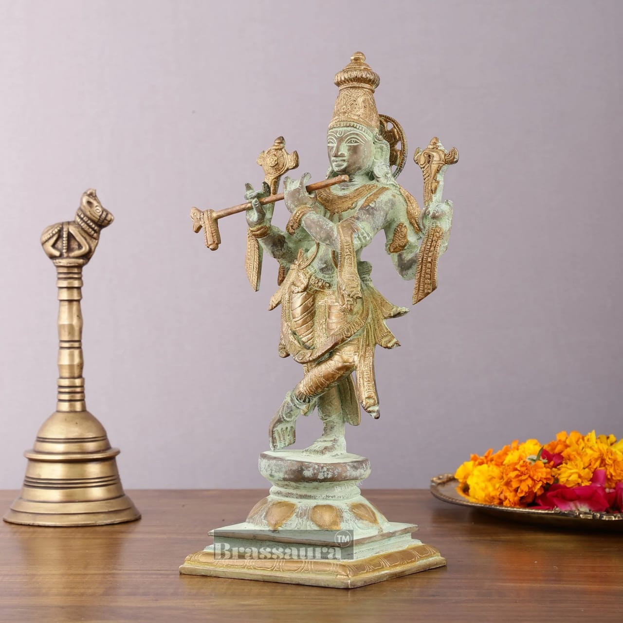 BrassAura™ Brass Krishna Roopam Vishnu Sculpture – Sand Blast Finish | Height 12 Inch | Weight 3.9 Kg