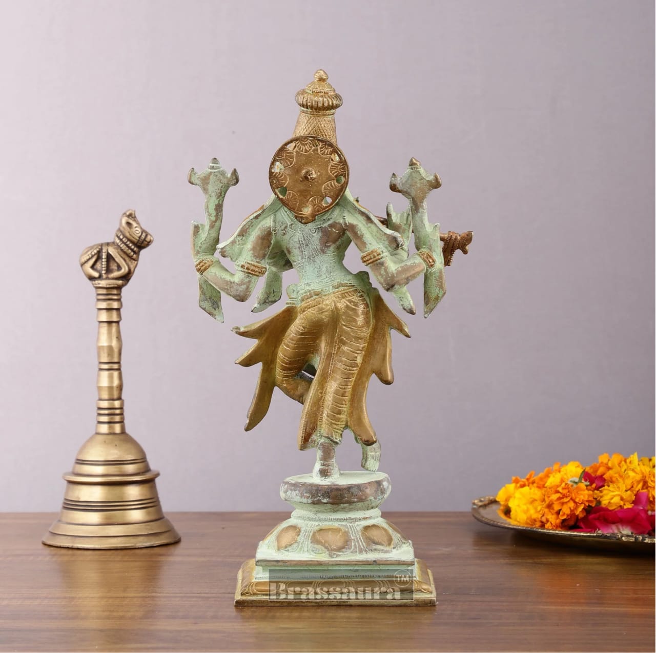 BrassAura™ Brass Krishna Roopam Vishnu Sculpture – Sand Blast Finish | Height 12 Inch | Weight 3.9 Kg