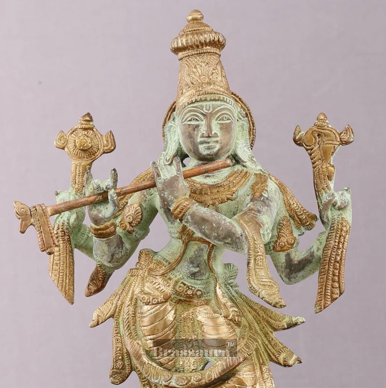 BrassAura™ Brass Krishna Roopam Vishnu Sculpture – Sand Blast Finish | Height 12 Inch | Weight 3.9 Kg