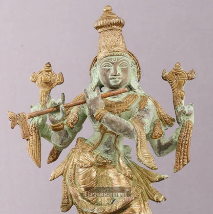 BrassAura™ Brass Krishna Roopam Vishnu Sculpture – Sand Blast Finish | Height 12 Inch | Weight 3.9 Kg