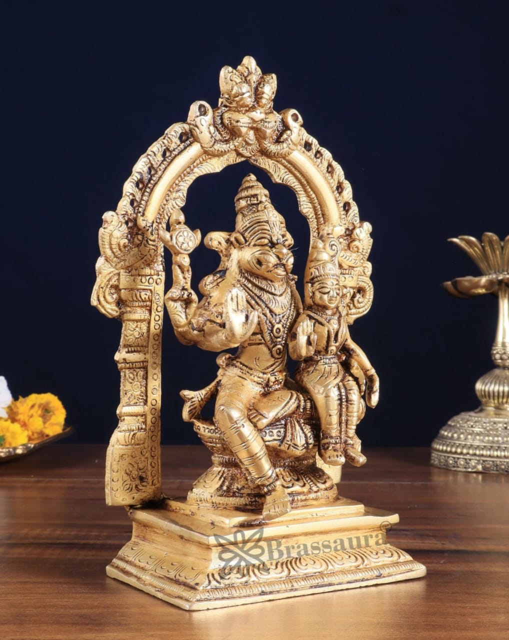 Brassaura™ Pure Brass Lord Narasimha with Goddess Lakshmi Statue – 7.8 Inch Height, 1.8 kg Weight | Sacred Hindu Idol for Home & Temple