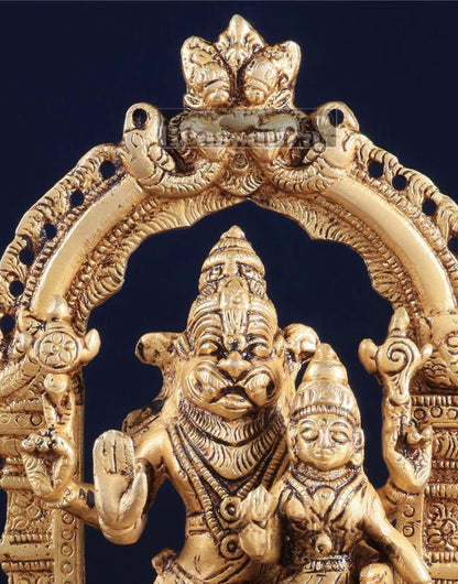 Brassaura™ Pure Brass Lord Narasimha with Goddess Lakshmi Statue – 7.8 Inch Height, 1.8 kg Weight | Sacred Hindu Idol for Home & Temple