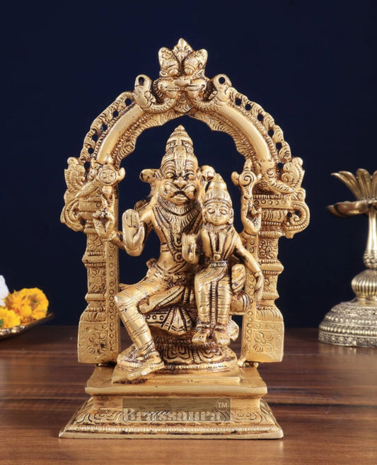 Brassaura® Pure Brass Lord Narasimha with Goddess Lakshmi Statue – 7.8 Inch Height | Sacred Hindu Idol for Home & Temple