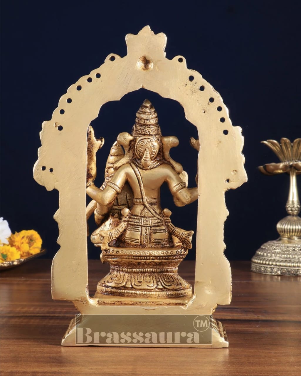 Brassaura™ Pure Brass Lord Narasimha with Goddess Lakshmi Statue – 7.8 Inch Height, 1.8 kg Weight | Sacred Hindu Idol for Home & Temple