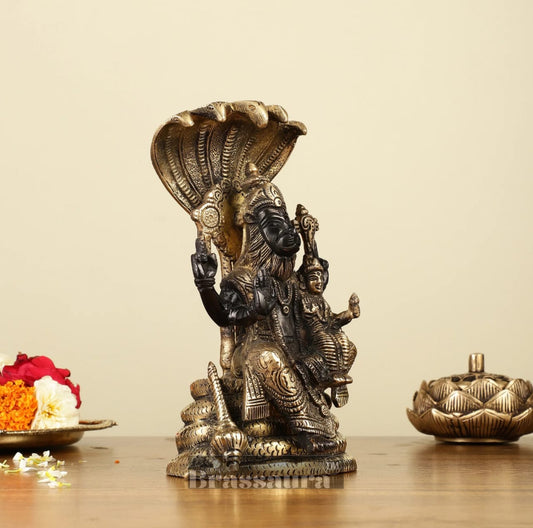 Brassaura™ Pure Brass Lord Narasimha with Goddess Lakshmi Statue – 8 Inch Height, 2.2 kg Weight | Black Gold Finish | Handcrafted Hindu Idol for Home & Temple