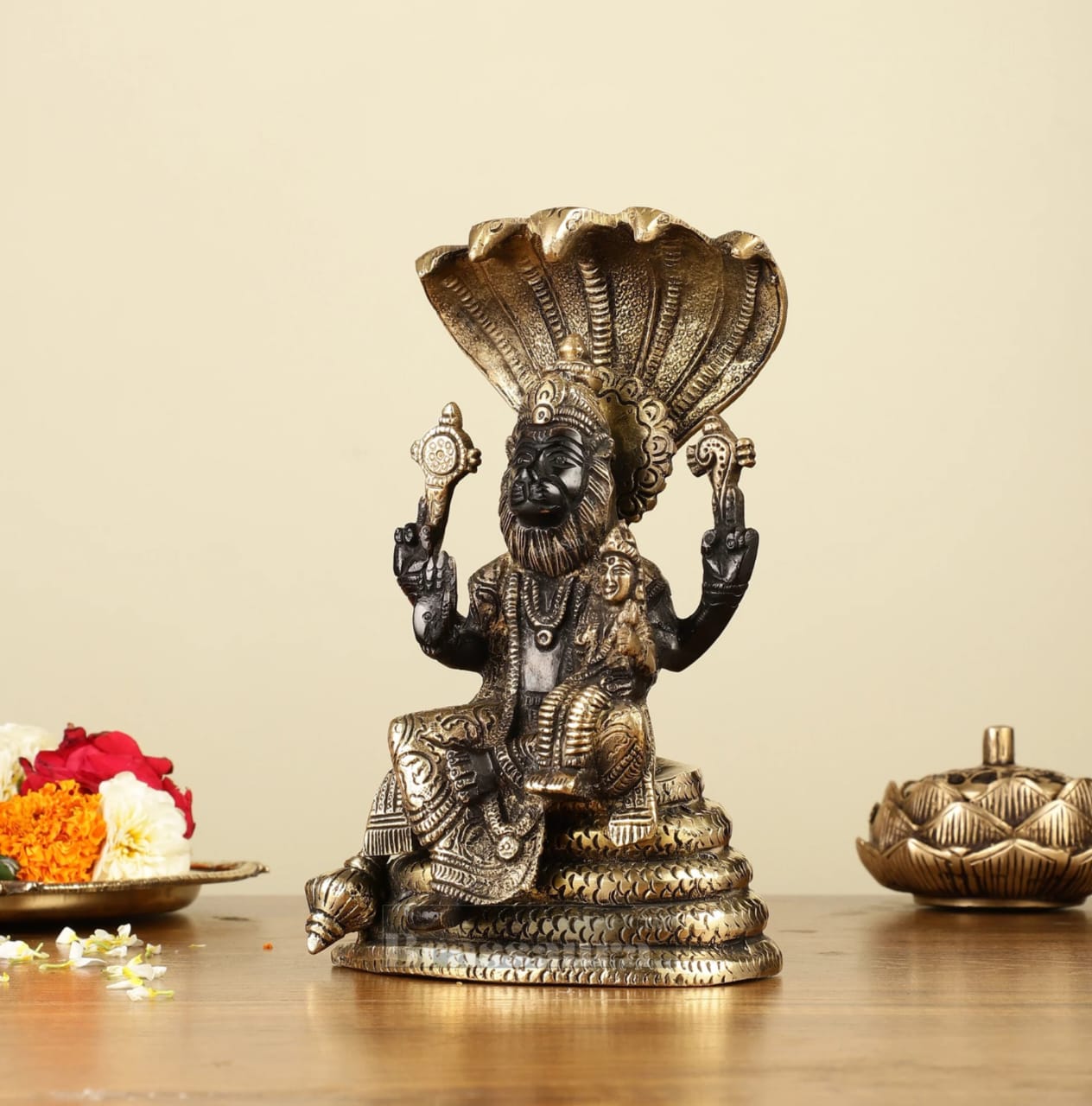 Brassaura™ Pure Brass Lord Narasimha with Goddess Lakshmi Statue – 8 Inch Height, 2.2 kg Weight | Black Gold Finish | Handcrafted Hindu Idol for Home & Temple