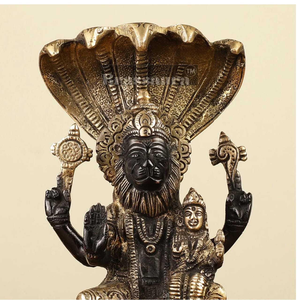 Brassaura™ Pure Brass Lord Narasimha with Goddess Lakshmi Statue – 8 Inch Height, 2.2 kg Weight | Black Gold Finish | Handcrafted Hindu Idol for Home & Temple