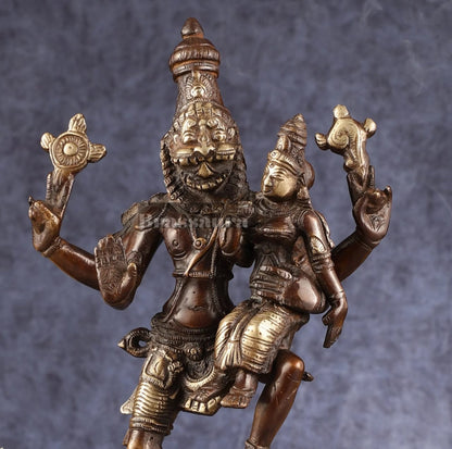 Brassaura™ Pure Brass Lord Narasimha with Goddess Lakshmi Idol – 12 Inch Height, 3 kg Weight | Handcrafted Hindu Statue for Home & Temple
