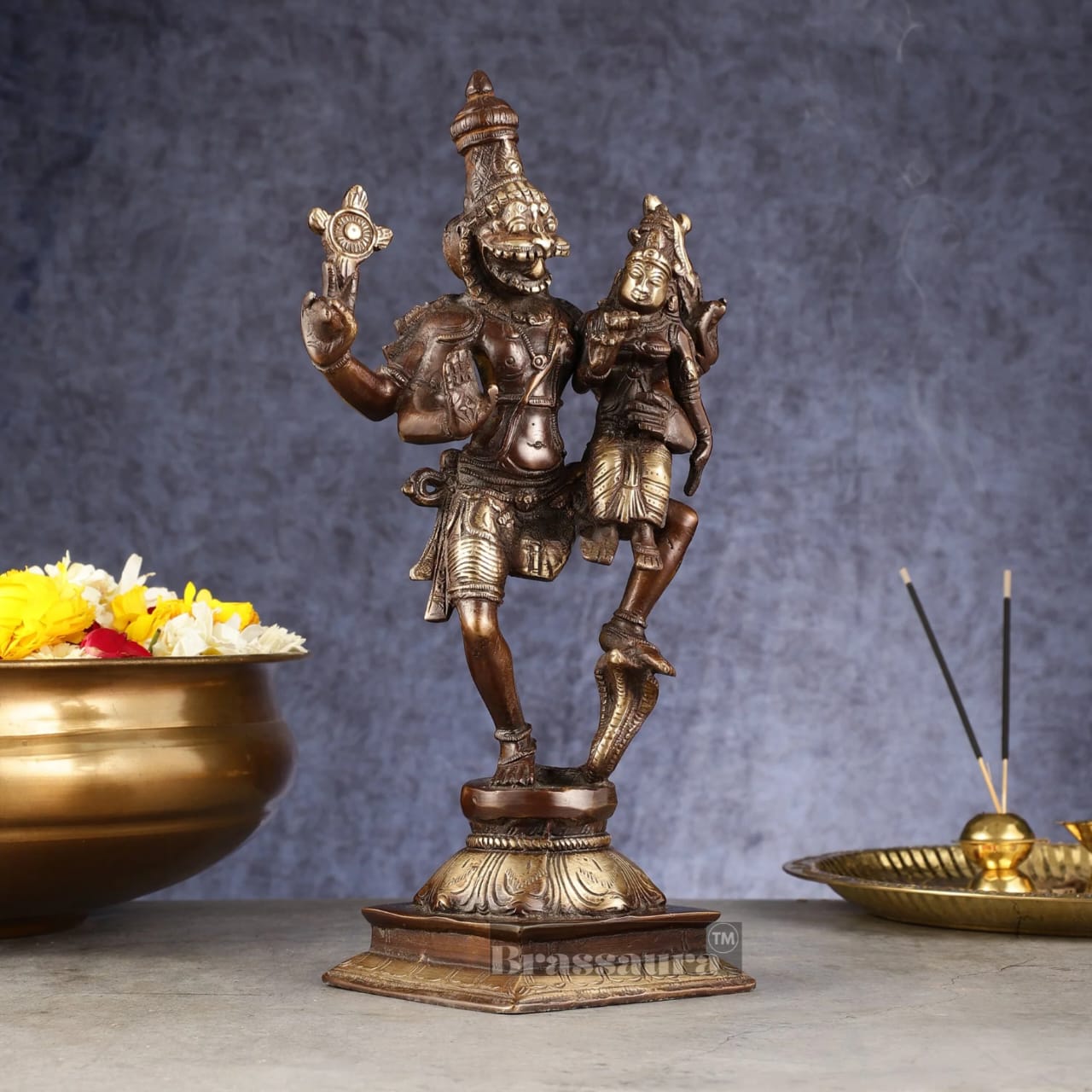 Brassaura™ Pure Brass Lord Narasimha with Goddess Lakshmi Idol – 12 Inch Height, 3 kg Weight | Handcrafted Hindu Statue for Home & Temple