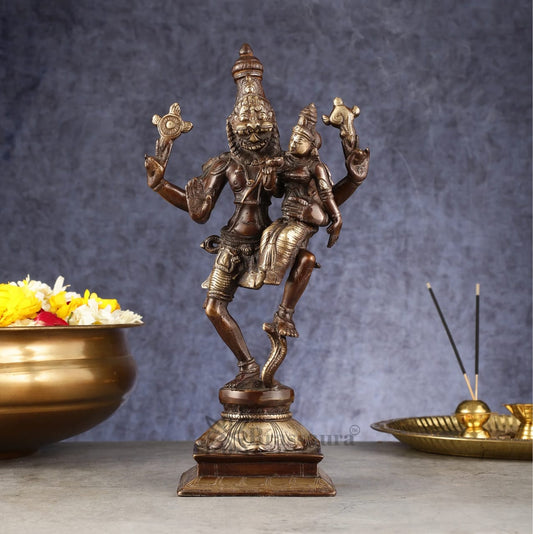 Brassaura® Pure Brass Lord Narasimha with Goddess Lakshmi Idol – 12 Inch Height | Handcrafted Hindu Statue for Home & Temple