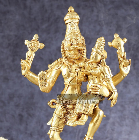 Brassaura® Pure Brass Lord Narasimha with Goddess Lakshmi Idol – 12 Inch Height | Handcrafted Hindu Statue for Home & Temple