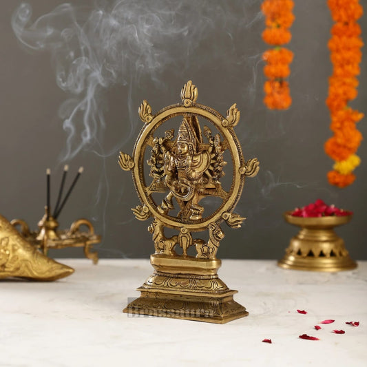 Brassaura® Pure Brass 16-Armed Lord Vishnu with Meditative Narasimha – 9.5 Inch Height | Handcrafted Hindu Idol