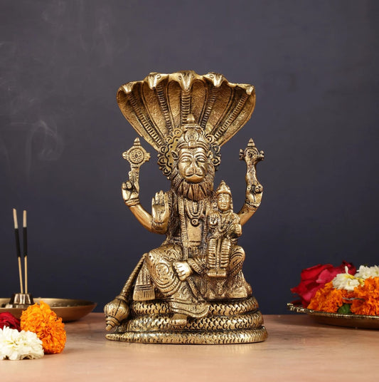 Brassaura® Pure Brass Narasimha with Lakshmi Statue – 8 Inch Height | Handcrafted Hindu Idol for Pooja & Home Decor