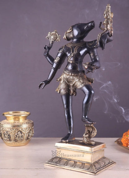 Brassaura™ Pure Brass Lord Narasimha Rescuing Bhooma Devi Idol – 17.5 Inch Height, 6.3 kg Weight | Handcrafted Hindu Statue for Pooja & Decor