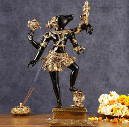 ब्रसौड़ा™ प्योर ब्रास भगवान वराह और भूमा देवी की प्रतिमा - 17.5 इंच ऊंचाई, 6.3 किलोग्राम वजन | घर और मंदिर के लिए हस्तनिर्मित विष्णु अवतार प्रतिमा