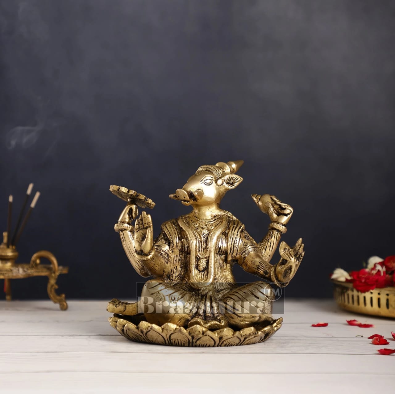 Brassaura™ Pure Brass Lord Varaha Idol – 6 Inch Height, 3 kg Weight | Handcrafted Vishnu Avatar with Boar Head & Human Body | Superfine Detailing