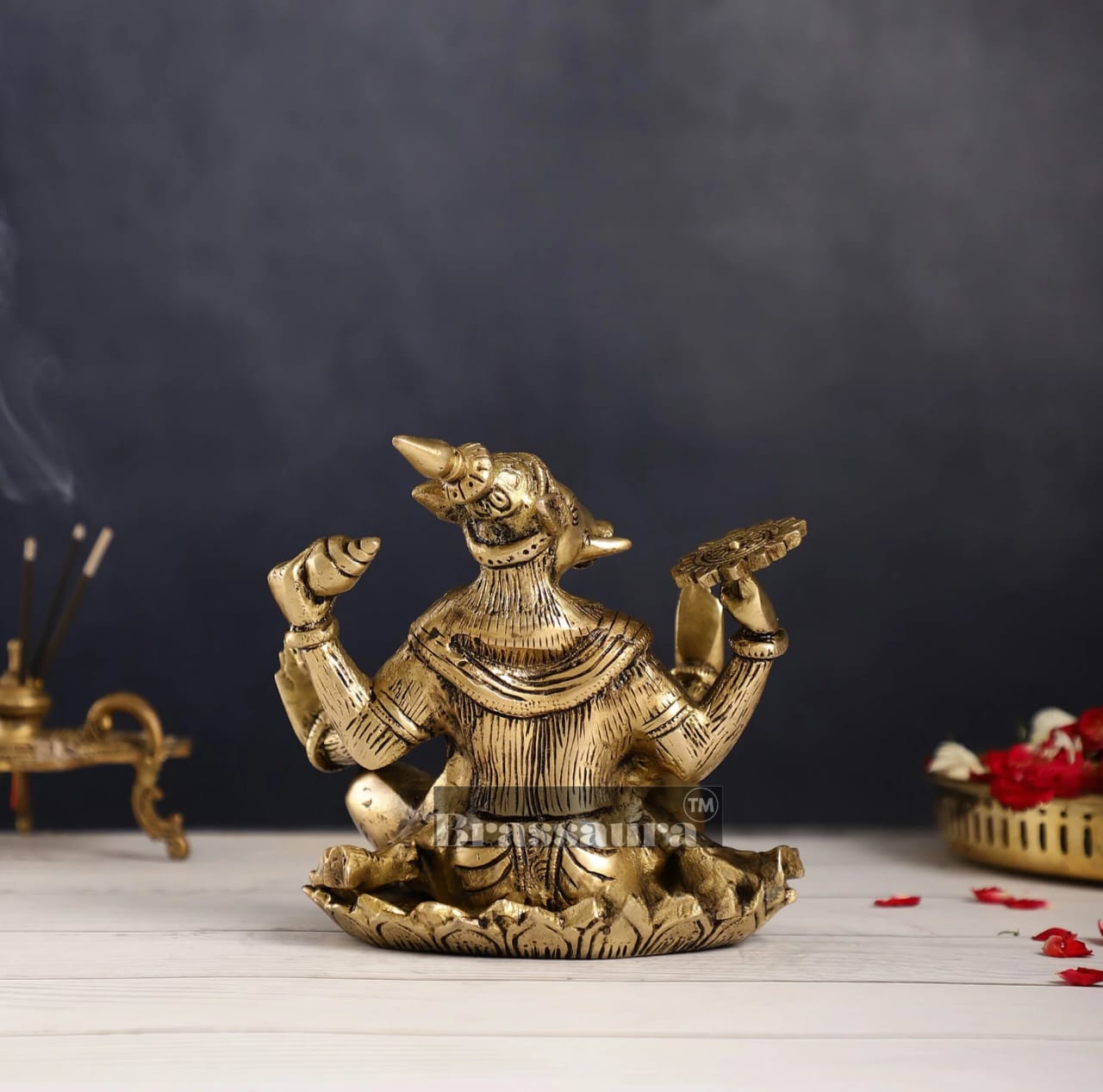 Brassaura™ Pure Brass Lord Varaha Idol – 6 Inch Height, 3 kg Weight | Handcrafted Vishnu Avatar with Boar Head & Human Body | Superfine Detailing
