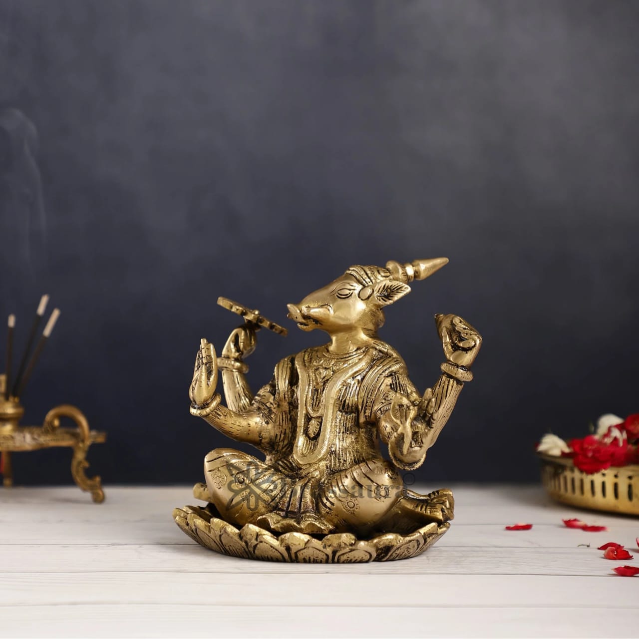 Brassaura™ Pure Brass Lord Varaha Idol – 6 Inch Height, 3 kg Weight | Handcrafted Vishnu Avatar with Boar Head & Human Body | Superfine Detailing