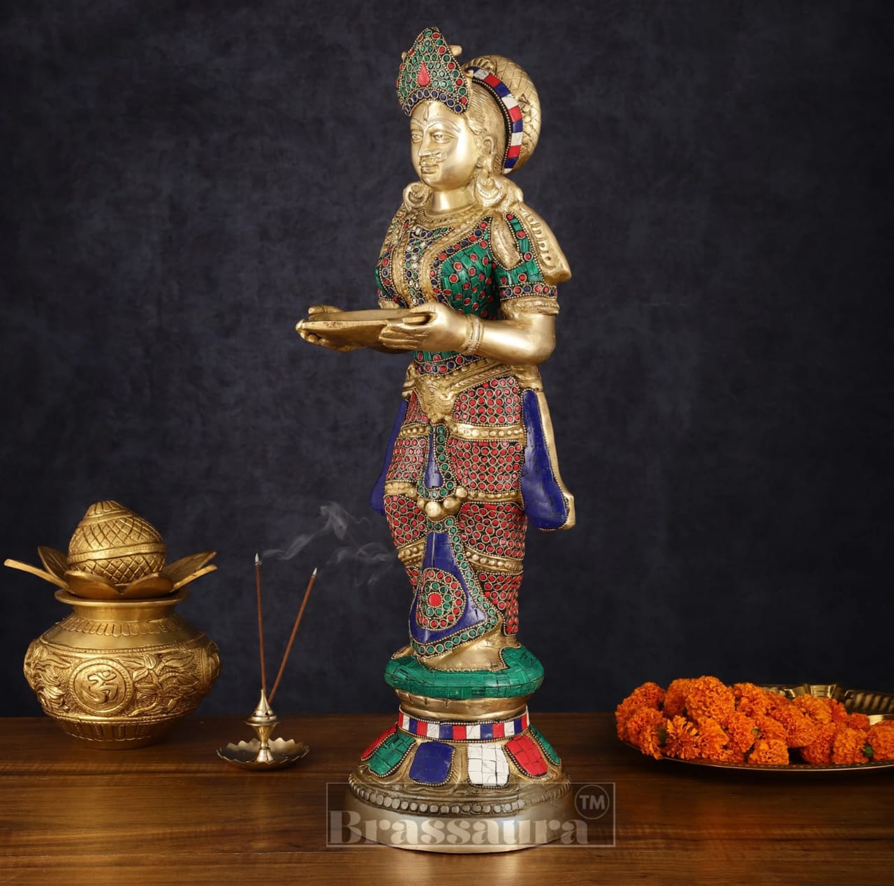 Brassaura™ Brass Deep Lakshmi Pavaai Vilakku – 10 KG | 23 Inch Height | Traditional Stone-Embellished Lamp