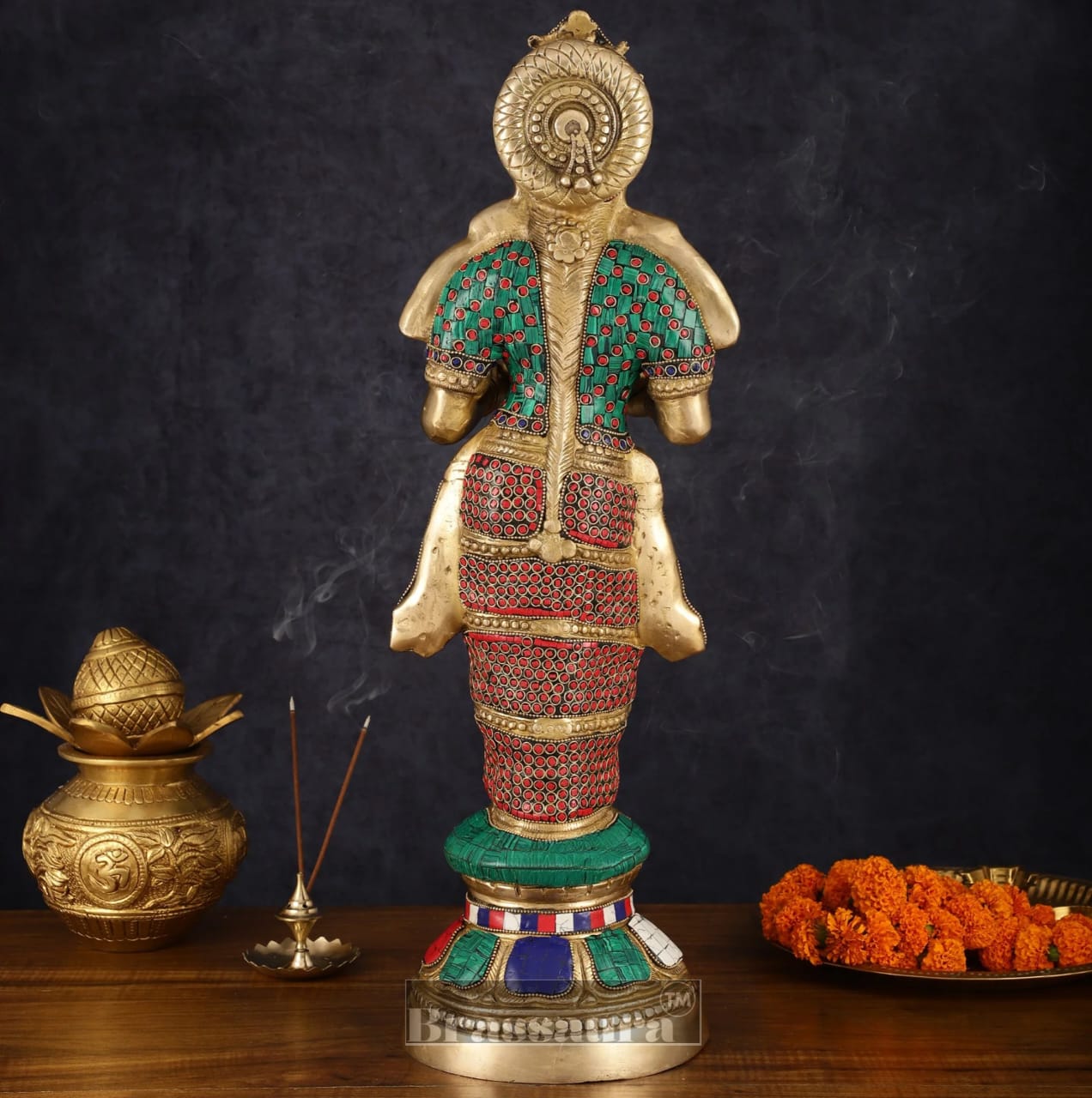 Brassaura™ Brass Deep Lakshmi Pavaai Vilakku – 10 KG | 23 Inch Height | Traditional Stone-Embellished Lamp