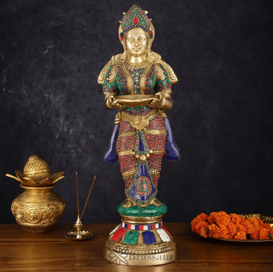 Brassaura™ Brass Deep Lakshmi Pavaai Vilakku – 10 KG | 23 Inch Height | Traditional Stone-Embellished Lamp
