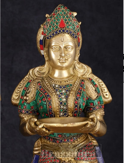 Brassaura™ Brass Deep Lakshmi Pavaai Villaku with Stonework – Height 23 Inches | Available as Single (8.5 Kgs) or Pair (17 Kgs)