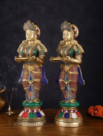 Brassaura™ Brass Deep Lakshmi Pavaai Villaku with Stonework – Height 23 Inches | Available as Single (8.5 Kgs) or Pair (17 Kgs)