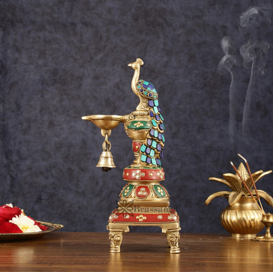 Brassaura® Pair of Brass Peacock Diya with Meenakari – Height 11 Inches | Traditional Brass Lamps, 2.85 Kgs