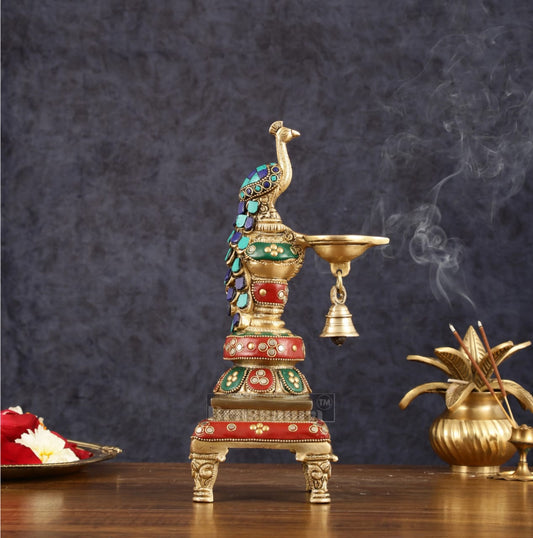 Brassaura® Pair of Brass Peacock Diya with Meenakari – Height 11 Inches | Traditional Brass Lamps, 2.85 Kgs