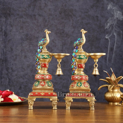 Brassaura™ Pair of Brass Peacock Diyas with Meenakari – Height 11 Inches | Traditional Brass Lamps, 4.63 Kgs