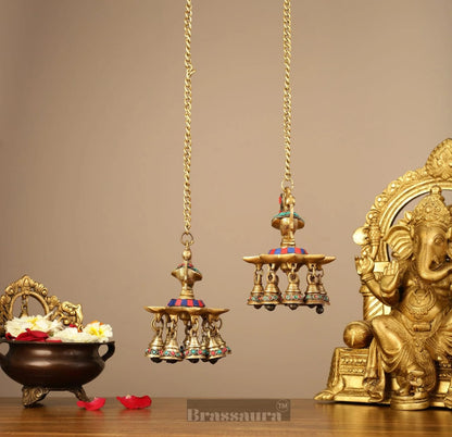 Brassaura™ Pair of Brass Hanging Peacock Diyas with Stonework – Height 6 Inches | Hanging Lamps with Bells & Chain, 2.5 Kgs