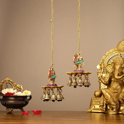 Brassaura™ Pair of Brass Hanging Peacock Diyas with Stonework – Height 6 Inches | Hanging Lamps with Bells & Chain, 2.5 Kgs