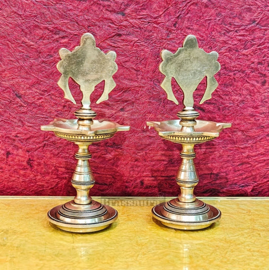 Brassaura® Brass Shankhu Chakra Panchdeepam Oil Lamps – Height 9 Inches | Pair of 5-Wick Lamps, 2.5 Kgs