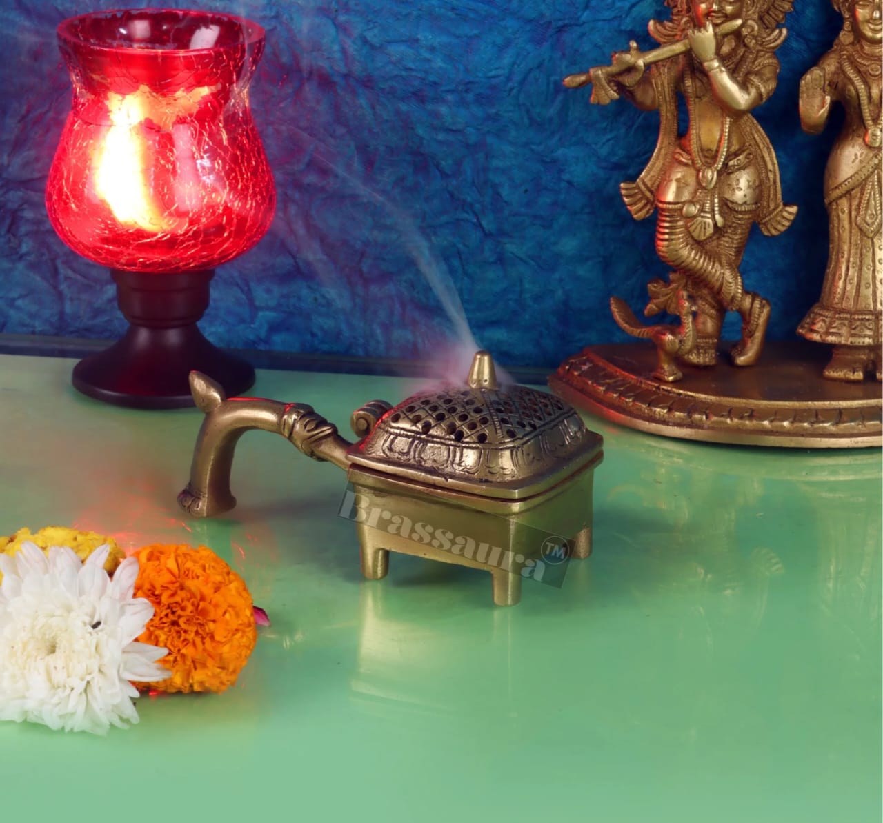 Brassaura™ Brass Dhoop Burner Lobandaan – Length 6.5 Inches, Width 3 Inches, Height 2 Inches & Weight 550 Gms