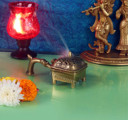 Brassaura™ Brass Dhoop Burner Lobandaan – Length 6.5 Inches, Width 3 Inches, Height 2 Inches & Weight 550 Gms
