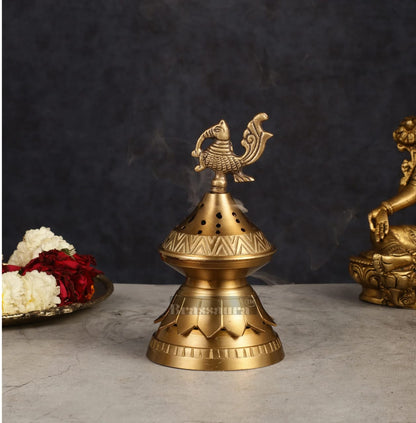 Brassaura™ Brass Peacock Loban Daam Dhoop Burner – Height 6.5 Inches | Traditional Incense Holder, 470 Gms