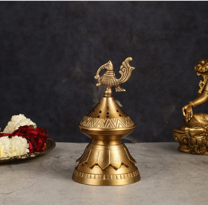 Brassaura™ Brass Peacock Loban Daam Dhoop Burner – Height 6.5 Inches | Traditional Incense Holder, 470 Gms