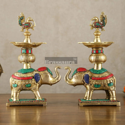 Brassaura™ Pair of Brass Elephants Holding Peacock Lamps – Height 11.5 Inches | Traditional Oil Lamps, 6 Kgs