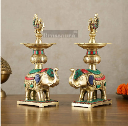 Brassaura™ Pair of Brass Elephants Holding Peacock Lamps – Height 11.5 Inches | Traditional Oil Lamps, 6 Kgs