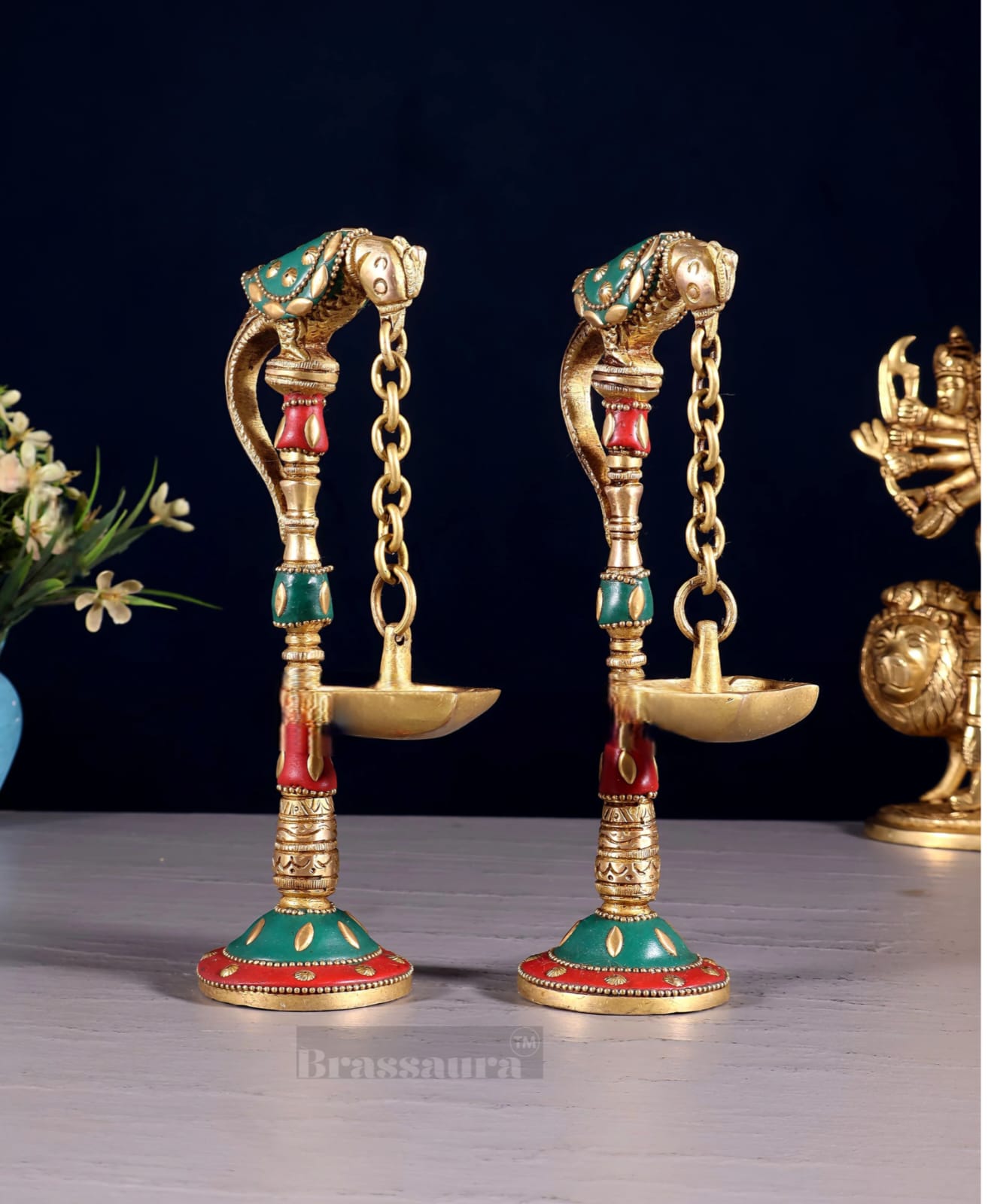 Brassaura™ Brass Parrot Oil Lamps with Stonework – Height 7 Inches | Pair of Traditional Lamps, 1 Kg
