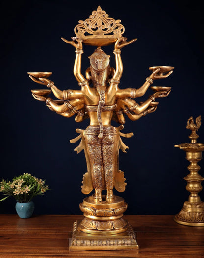 Brassaura™ Brass Deep Lakshmi Statue with 7 Diyas & Urli – Height 28 Inches | Handcrafted Goddess Idol, 18 Kgs