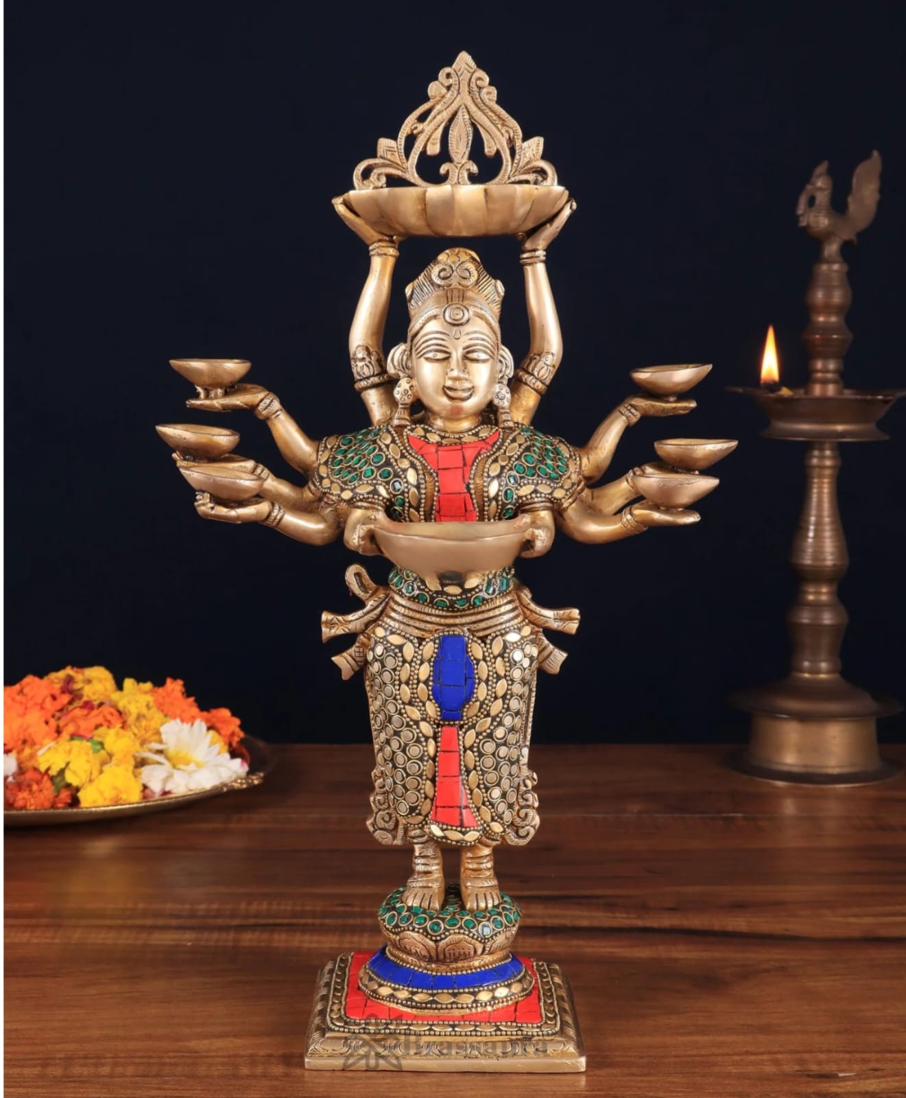 Brassaura™ Brass Deep Lakshmi Idol with Ten Hands – Height 15 Inches | Handcrafted Goddess Statue, 4 Kgs
