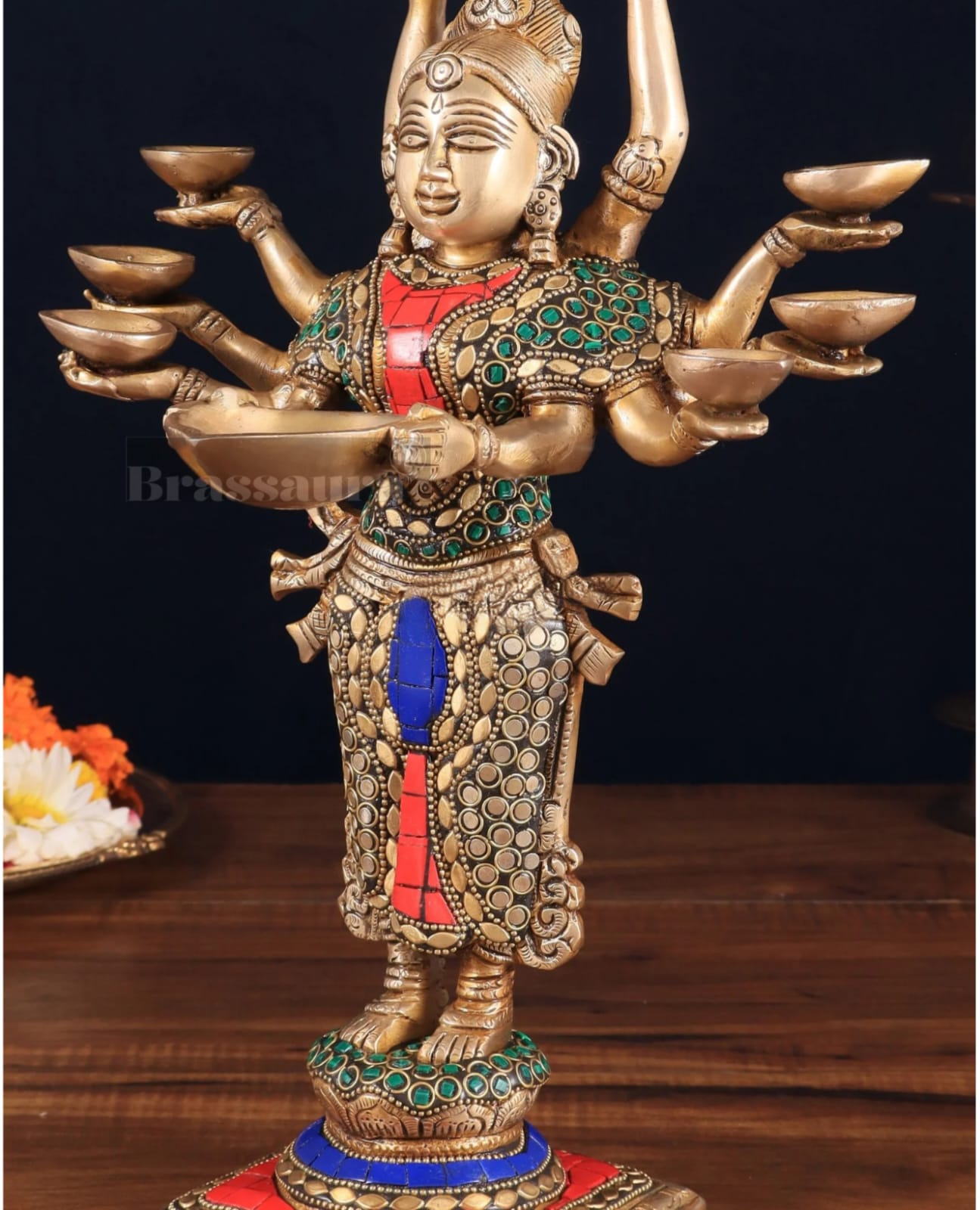 Brassaura™ Brass Deep Lakshmi Idol with Ten Hands – Height 15 Inches | Handcrafted Goddess Statue, 4 Kgs
