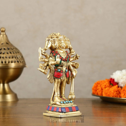 Brassaura® Pure Brass Standing Panchmukhi Hanuman Idol – Height 7 Inches  | Handcrafted Temple Idol