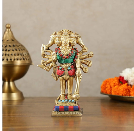 Brassaura® Pure Brass Standing Panchmukhi Hanuman Idol – Height 7 Inches  | Handcrafted Temple Idol